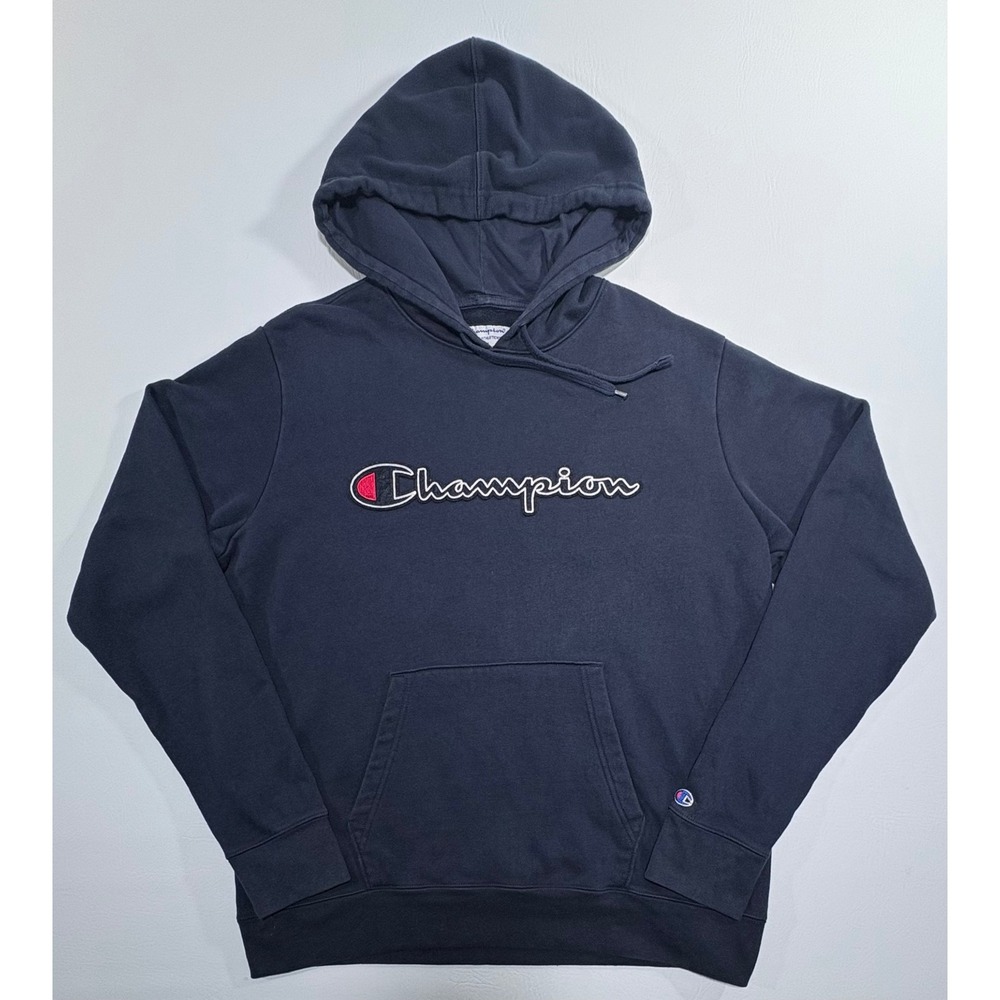 Champion Mens Large Navy Blue Embroidered Script Logo Pullover Hoodie Sweatshirt